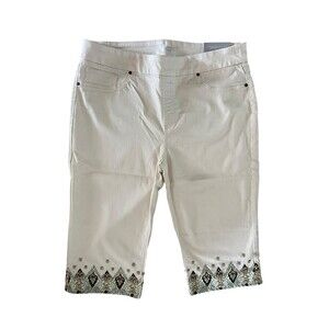 Chicos Pull On Beaded Hem Carpi Jeans Size 16 Ivory Crop Stretch Boho Embellish